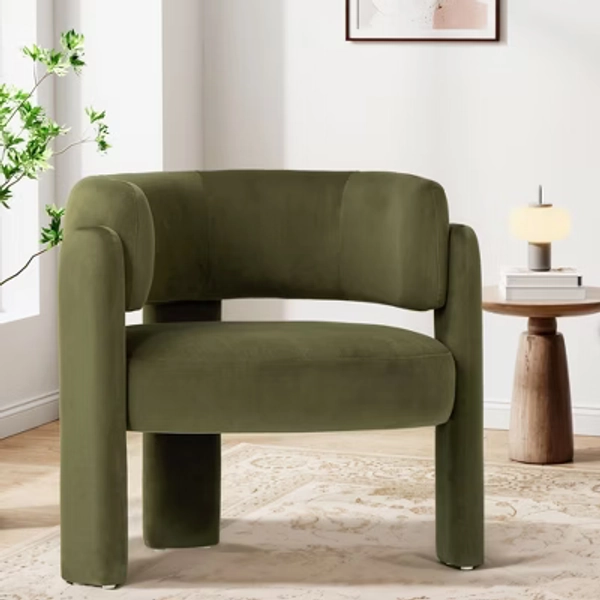 Ora Maison Velvet Accent Chair, Modern Upholstered Barrel Armchair with 3-Leg Design, Single Sofa for Living Room, Bedroom or Reading Nook, Green