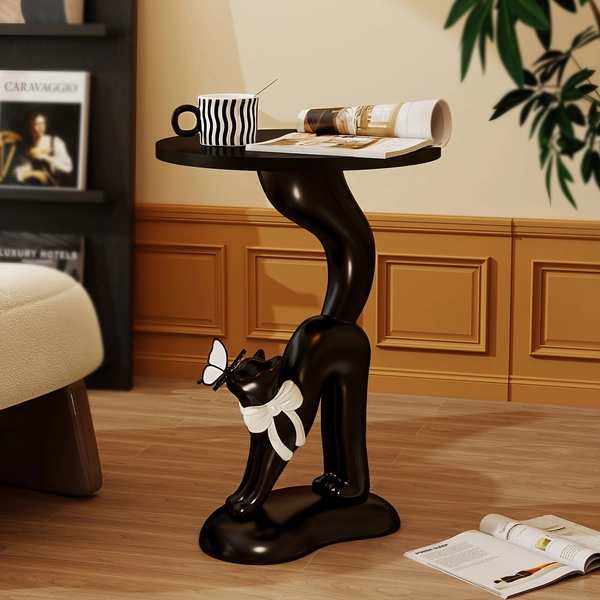 [Special Decorative Table] Resin Elegant Bow Tie Cat Shape Side Table Creative Side Table Coffee Table Living Room Sofa Side Bedroom Small Apartment Shelf, Suitable for Living Room, Modern Bedroom Living Room Sofa Decorative Furniture, French Style