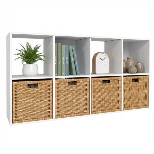 TrumanPick 8-Cube Bookcase, Floor Standing Horizontal Bookshelf with Open Shelves & Anti-Tipping Kits, Cube Storage Organizer, Home Office Wooden Storage Book Shelf for Living Room, Study, White