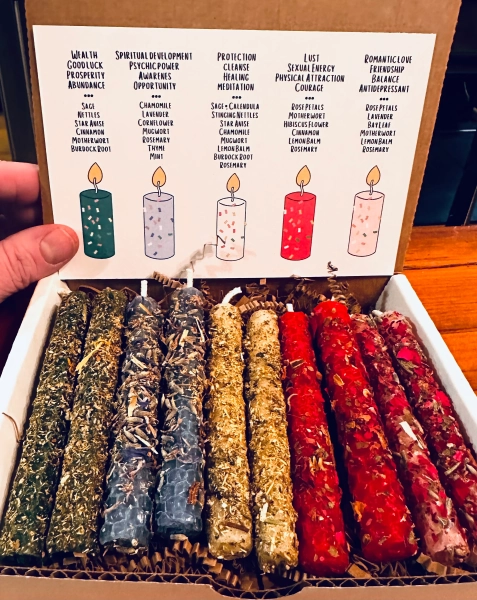 x10 Dressed Beeswax Spell Candles for Manifestation | Hand Rolled Beeswax Candles Dressed with Herbs and Botanicals | Wiccan Supplies