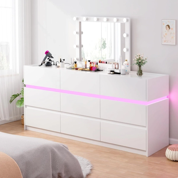 9 Drawers Dresser with LED Lights and Charging Station