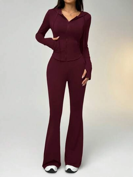 SHEIN EZwear 1 Set Fitted Drawstring Hooded Crop Top & Flared Pants Sports Suit