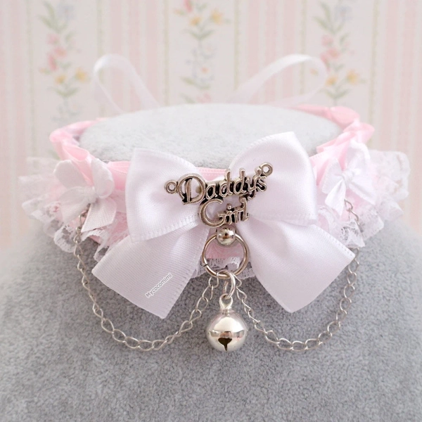 Daddys girl tag baby pink choker necklace, kitten play collar, white lace bow chain with a bell , DDLG kawaii cute jewelry