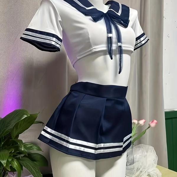 Conjunto Estilo Pure Desire JK: Falda a Rayas + Top Desmontable con Lazo + Shorts de Tres Piezas, Uniforme Japonés Cosplay Lencería, Disfraz de Seducción Apasionada para San Valentín