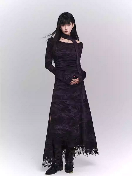 [$51.00]Wasteland Punk Purple Asymmetrical Tassel Hem Side-Slit  Dress