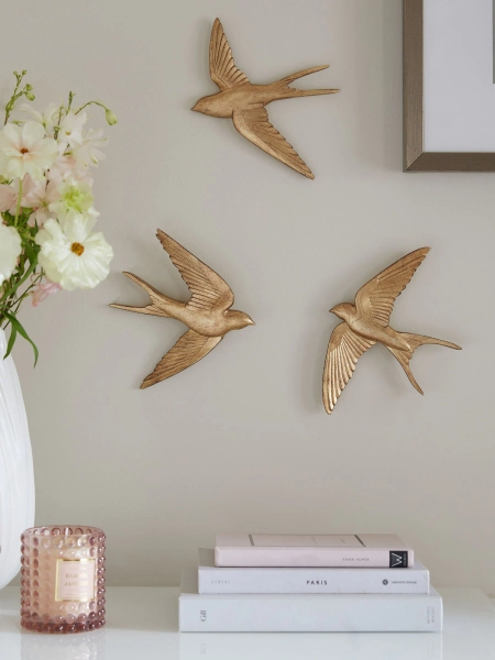 Set of 3 Gold Swallow Wall Art Plaques