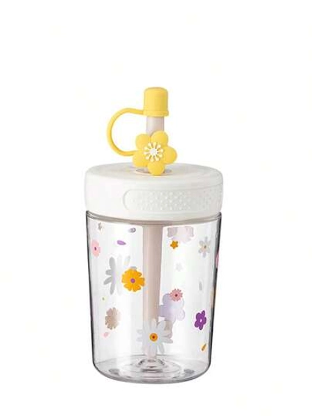 Copo de plástico de grande capacidade com tampa e canudo, design minimalista e charmoso com estampa de margaridas, ideal para água, café gelado e outras bebidas. Perfeito para mulheres, adolescentes e meninas, ideal para casa, escritório, escola e viagens.