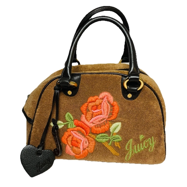Juicy Couture Vintage Y2K Brown Rose Embroidered Terrycloth Purse Bowler Bag