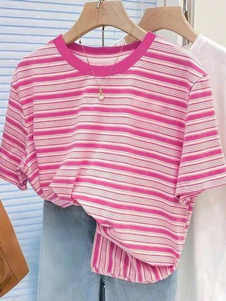 SHEIN Vintage Colorful Striped Women Short Sleeve T-Shirt, Casual Round Neck Tops Plus Size, Summer