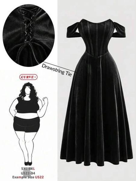 SHEIN CURVE+ Plus Size Women's Vintage Romantic Red Faux Bone Design Off-Shoulder Dress Valentine's Day Outfit