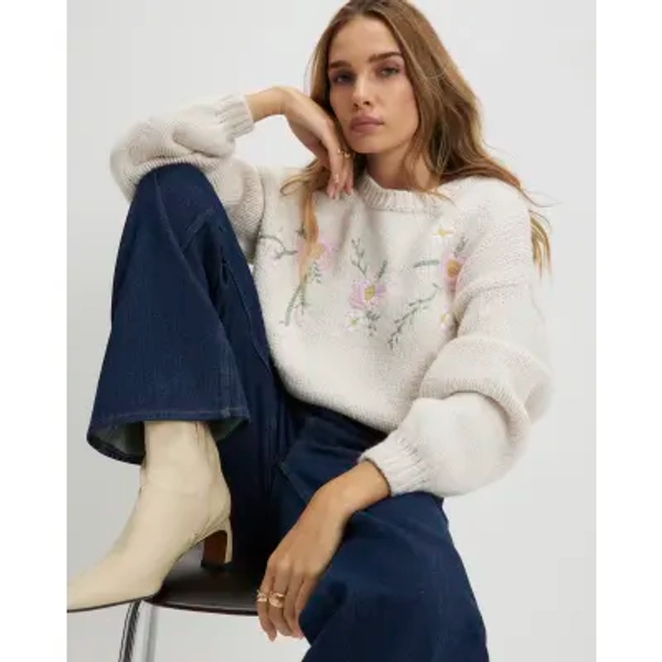 Cream Long Sleeve Embroidered Flower Jumper