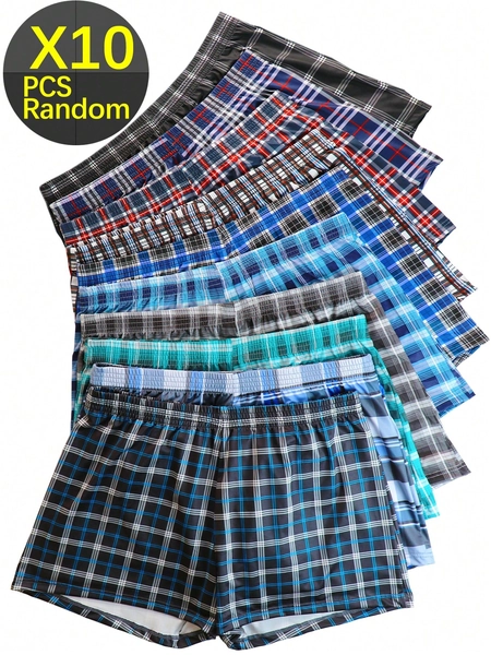 10pcs/Pack Assorted Retro Classic Plaid Print Casual Elastic Waist Loose Fit Comfy Stretch Bermuda Shorts, Suitable For Sports, Beach, Home, Daily Wear