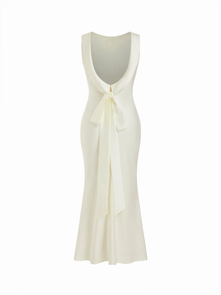 Satin Boat Neck Backless Bowknot Mermaid Maxi Dress