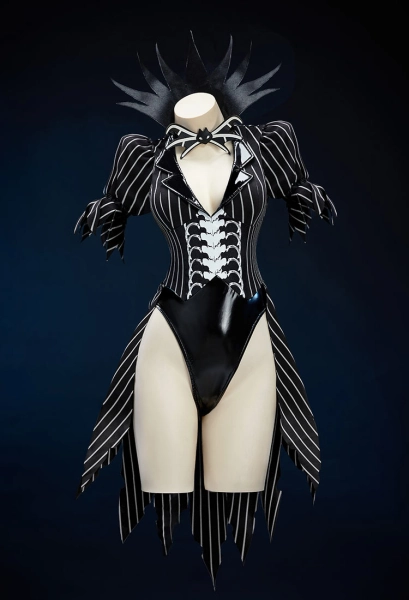 Christmas Nightmare Halloween Sexy Bunny Girl Suit Black White Striped Irregular Bodysuit with Sleeves and Socks