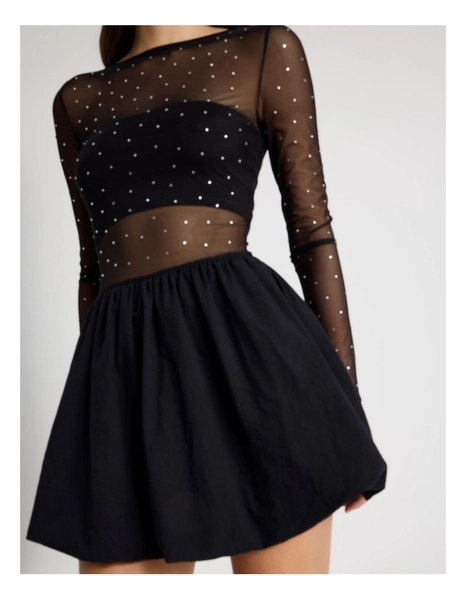 Diamonte Mesh Mini Dress in Black