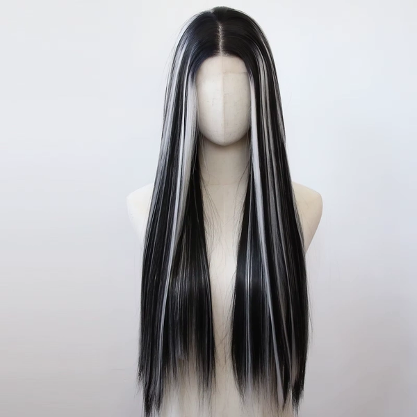 Weißes Highlight schwarze synthetische Spitze Front Perücke lange gerade Spitze vorne synthetische Perücke vor gezupft natürlichen Haaransatz - AliExpress