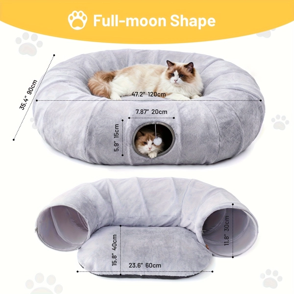 TEMU 3-in-1 Cat Tunnel Bed For Indoor Cats, Foldable Cat Donut Tunnel With Removable Washable Cushion & Plush Ball Toy, Peekaboo Cat Cave With