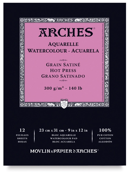 Arches Watercolor Pad - 9" x 12", 140 lb, Hot Press, Fold-over, 12 Sheets