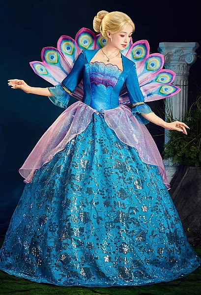 Barbara Rosella Cosplay Costume Dress with Peacock Tail and Necklace