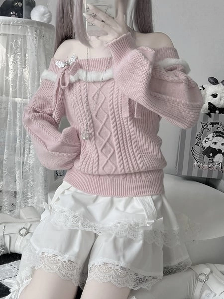 [$33.00]Jirai Kei Pink Off-shoulder Bow Accents Landmine Style Sweater