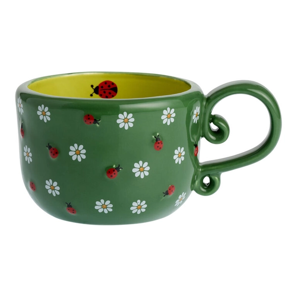 Green Ladybug and Daisy Hand Painted Ceramic Mug