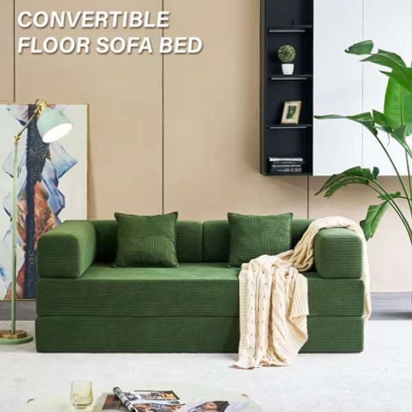 JOYRACER 62.9" Convertible Sleeper Sofa Bed with 2 Pillows, Folding Mattress Couch, Removable Washable Floor Sofa for Small Spaces, Green