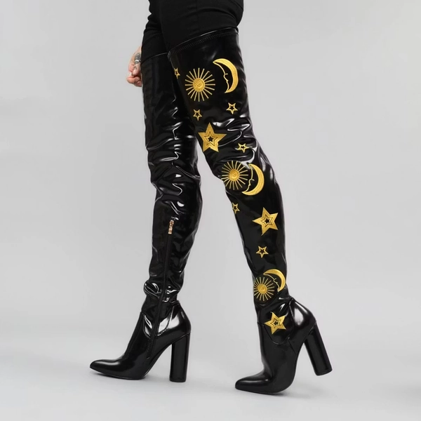 Black Pointed Toe Gold Embroidered Chunky Heel Thigh High Boots