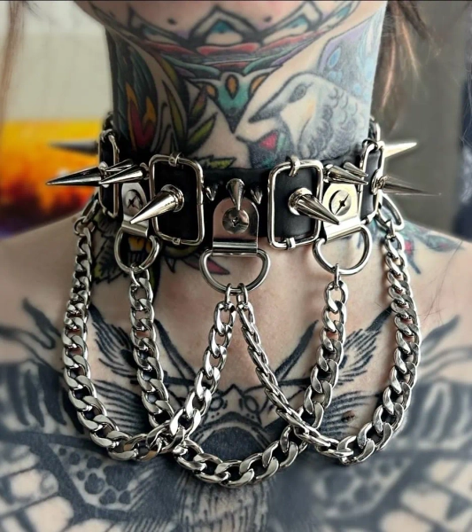 Vegan Leather Metal Spiked Stainless Steel Silver Chain Choker, Gothic Punk Collar