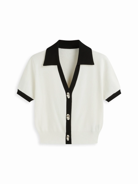 Knit Collar Colorblock Metal Button Short Sleeve Top