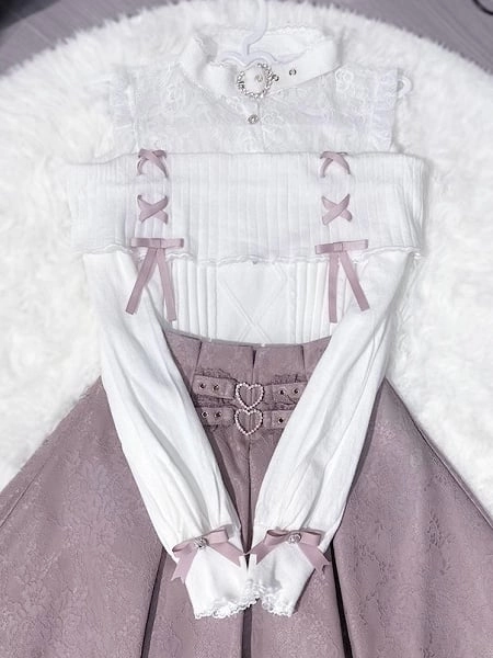 [$62.00]White & Pink Jirai Kei Knit Sweater：Illusion Buckle Neckline with Open Shoulder