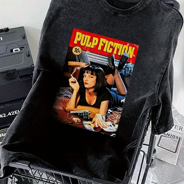 Damengrafik-T-Shirt im Vintage-Look – Weiches Baumwoll-Crewneck mit Retro-Schriftzug, Leicht & Langlebiges Schwarz für Sommer, Maschinenwaschbar für Restaurant und Wohnzimmer, Alltags-Comfortshirt, Pulp Fiction Design, Strapazierfähiges Sommeroberteil