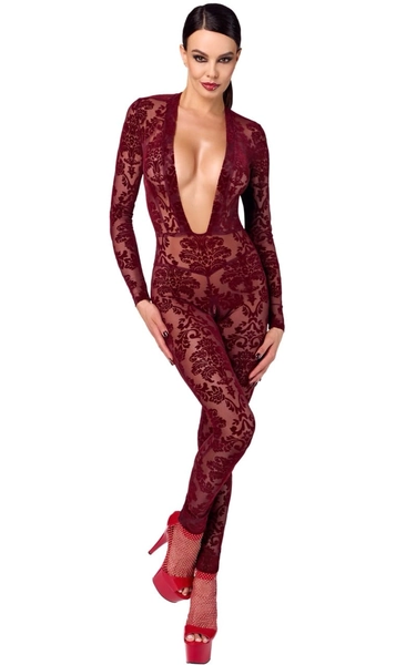 Kink Royal Catsuit — Burgundy Flocked Mesh Seduction - Kinky Emporium Clothing