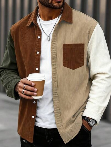 Men's Corduroy Color Block Stand Collar Casual Stylish Daily Wear Long Sleeve Shacket, Fall