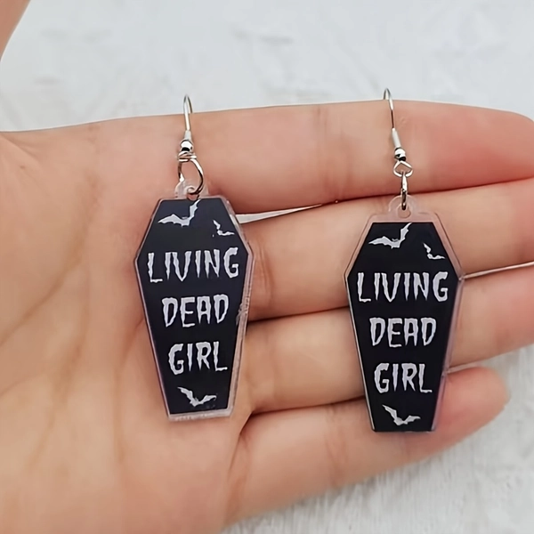 1 Pair Gothic Halloween Earrings - Living Dead Quote, Lightweight Bat coffin shape dangle earrings in, Halloween Party Jewelry Gifts for Women - Year-Round Gothic Accessories, Holiday Gift, Dark Aesthetic, Durable Material, Women's Fashion