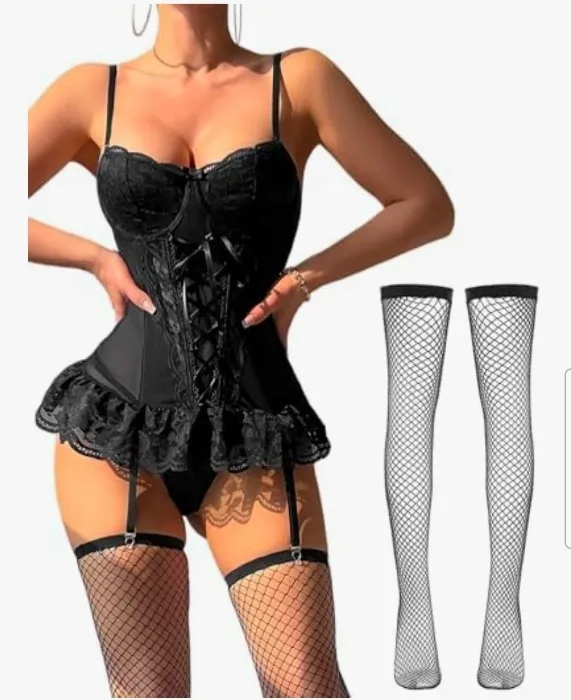 KEOYA Women's Floral Lace Top Underwire Garter Belt Babydoll Lingerie Set 3 Piece Lingerie Dress Chemise with Thong and Stockings Black XL : Amazon.com.au: Clothing, Shoes & Accessories
