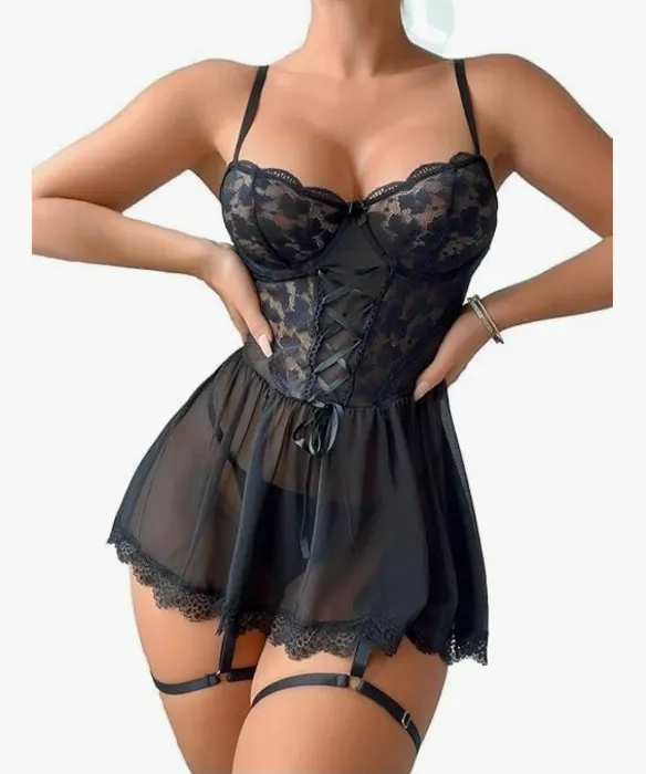 Women Sheer Sexy Underwire Floral Lace Babydoll Sleepwear Lingerie Garter Set (Black, XL) : Amazon.com.au: Clothing, Shoes & Accessories