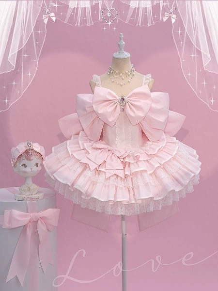 [$110.00]Ready to Ship Sweet Pink Big Bow Bodice Princess Lolita Tiered Ruffles Puffy Dress Oversized Bow Design Back