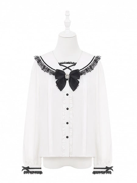 [$47.00]Landmine Style White Long Sleeve Blouse with Black Lace-Trimmed Sailor Collar