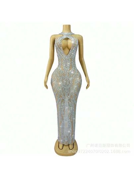 European And American Sexy Hollow Out Shiny Rhinestone Elegant Dress Adult Model Runway Fashion Cocktail Party Evening Wear