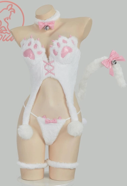   Cosplay Kostüm Sexy Erotik Dessous Set Eiszeit Plüsch Trägerlos Taillenlos Niedliche Katze Kralle Top und Tanga mit Schwanz