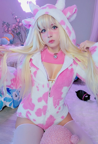 Fluffy Cow Print Hooded Onesie with Choker and Socks | White/Pink