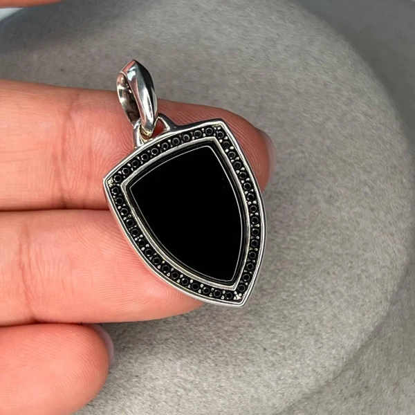 Authentic David Yurman Men's Pendant Sterling Silver Black Onyx and Black Diamond Shield Amulet for Men