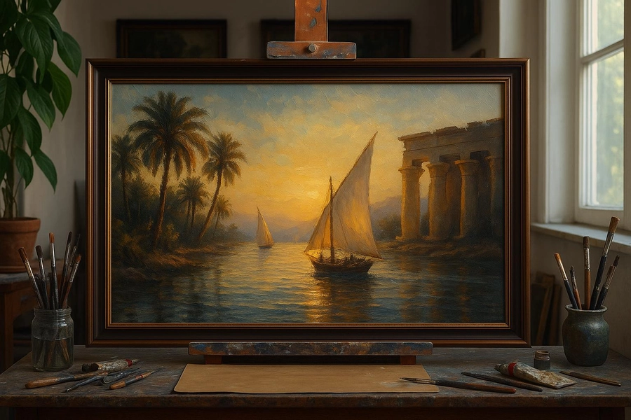 Nile River Feluccas at Sunset  – Original Framed Oil Painting 