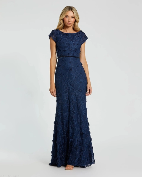 Navy Floral Applique Boat Neck Cap Sleeve Gown