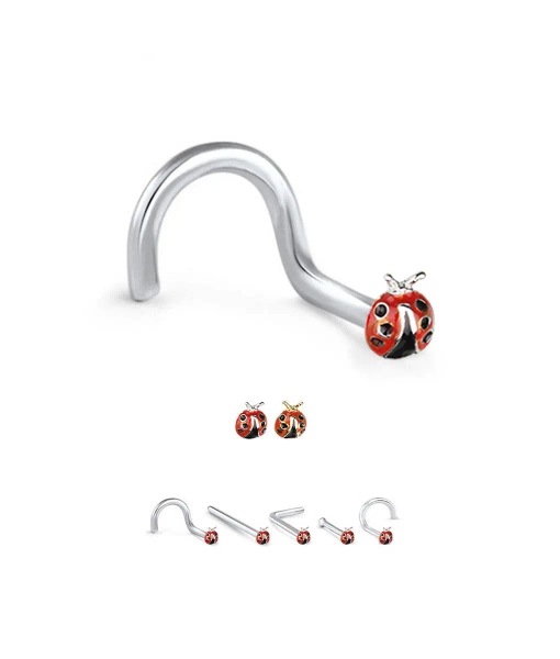 316L Surgical Steel or Gold Plated, Nose Ring, Stud, Screw, L Bend or Nose Bone, Ladybug. Choose Your Color & Style, 20G 18G.