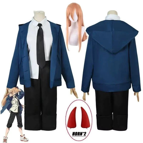 Disfraz de motosierra de Anime para hombre, uniforme, chaqueta azul, pantalones, peluca de cuerno, disfraces de Halloween para mujeres y niñas - AliExpress 200000532
