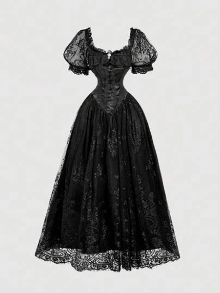 SHEIN MOD Vestido de cetim luxuoso, romântico e com patchwork de renda, cor damasco, com bainha com babados em camadas e decoração com laço, adequado para encontros, festas, feriados, chá da tarde e aniversários