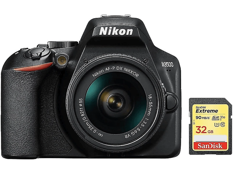 Cámara digital | NIKON D3500 AF-P 18-55mm F3.5-5.6G VR + 32GB SD, 18 megapixel, Full HD 1080p, Negro | MediaMarkt