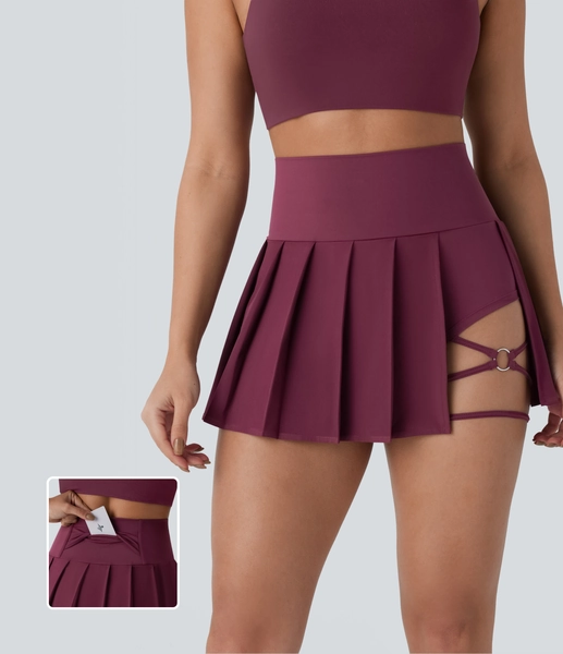 XS(Regular) Amaranth Breezeful™ High Waisted Pleated 2-in-1 Side & Pocket Asymmetric Hem Quick Dry Mini Dance Skirt