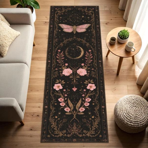 Gothic Floral Moth Moon Runner Rug, Celestial Black Hallway Carpet, Vintage Boho Witchy Decor for Living Room Entryway or Bedroom Decor